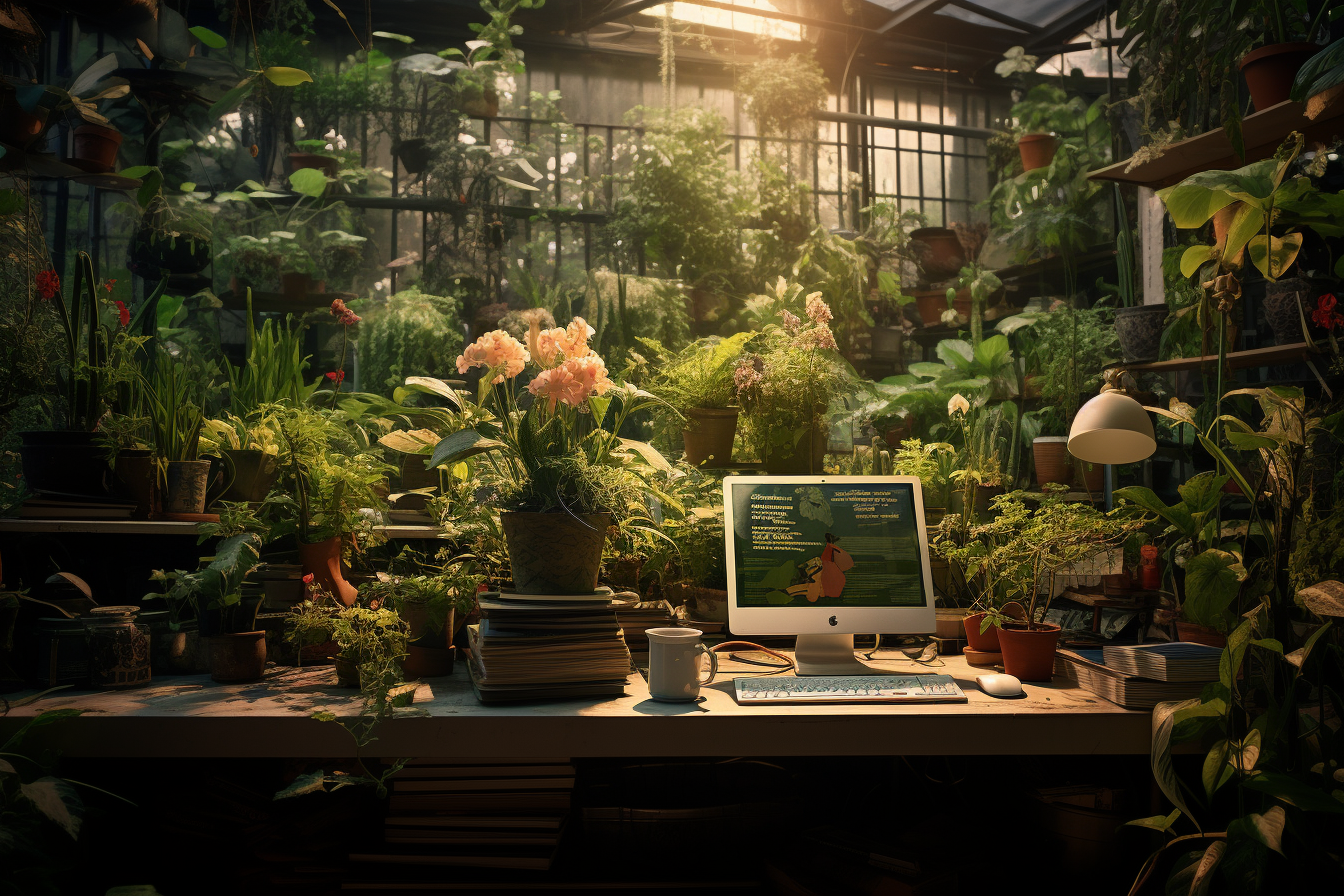 Midjourney 5.2. Fleeting handwritten notes, plants and flowers are born from a laptop and creating a digital garden by Aries Moross. Natural light, greenhouse. --ar 3:2. Vary region handwritten notes and plants displayed on the screen