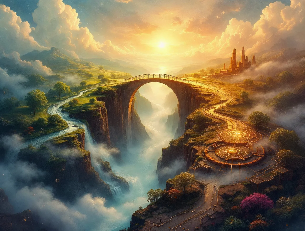 AI generated image of a bridge connecting science and engineering lands