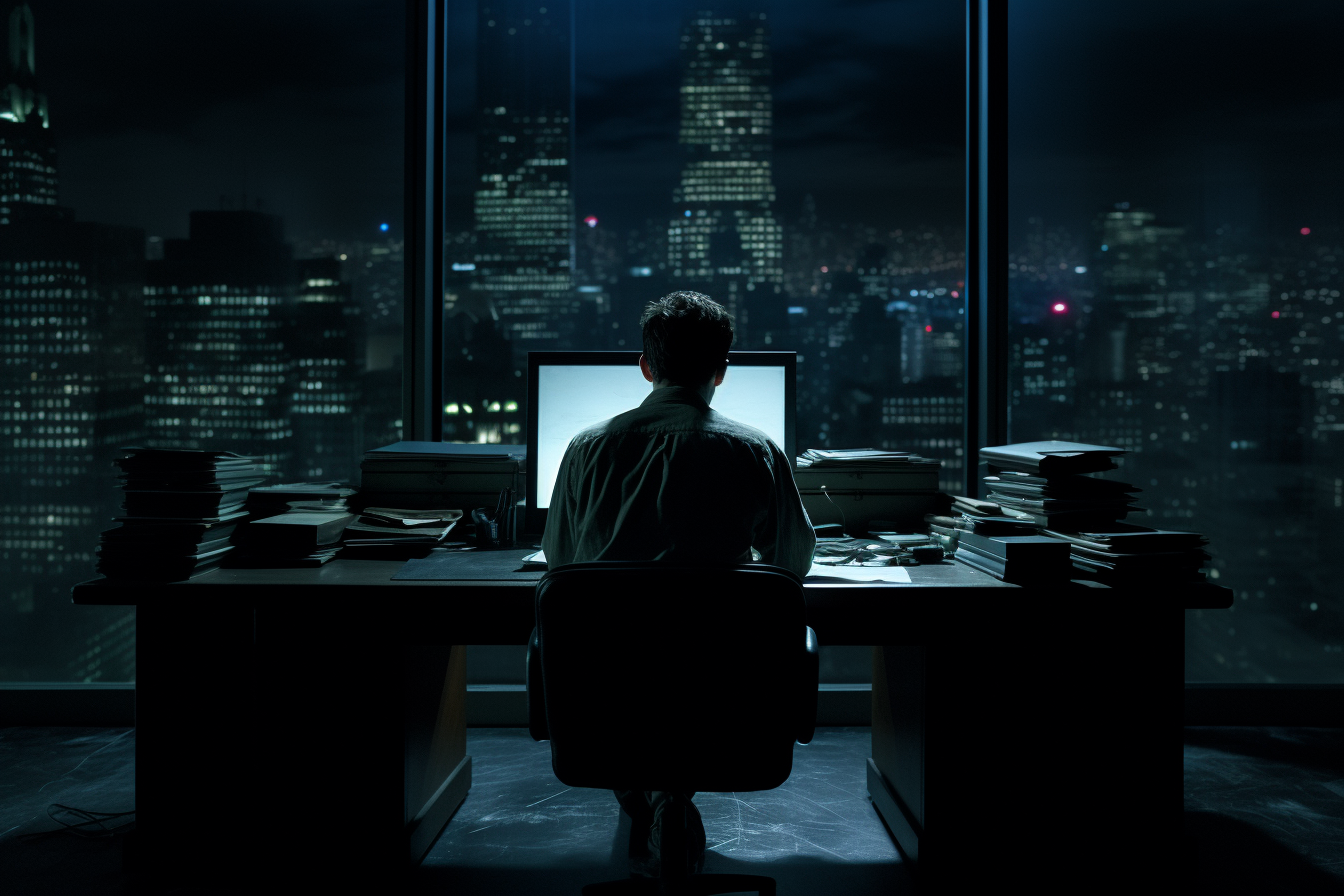 Midjourney 5.2 a lonely young man works in front of a computer in a dark empty office by Christopher Nolan --ar 3:2