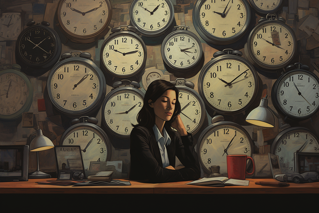 Midjourney 5.2 Prompt: a manager seats down on her office desk surrounded by clocks on the wall by Ted McKeever --ar 3:2