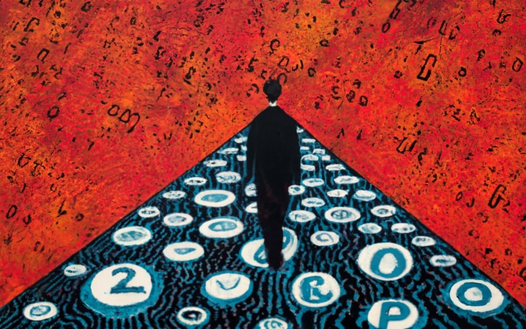 Image created on ideogram. Prompt: A lonely man walks all alone towards an horizon made of numbers and equations. Style by Stanley donwood, painting